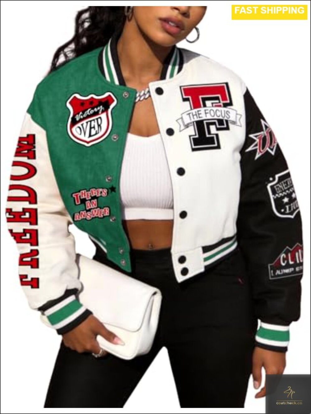 Women's Varsity Bomber Jacket Cropped Letterman Snap Button
